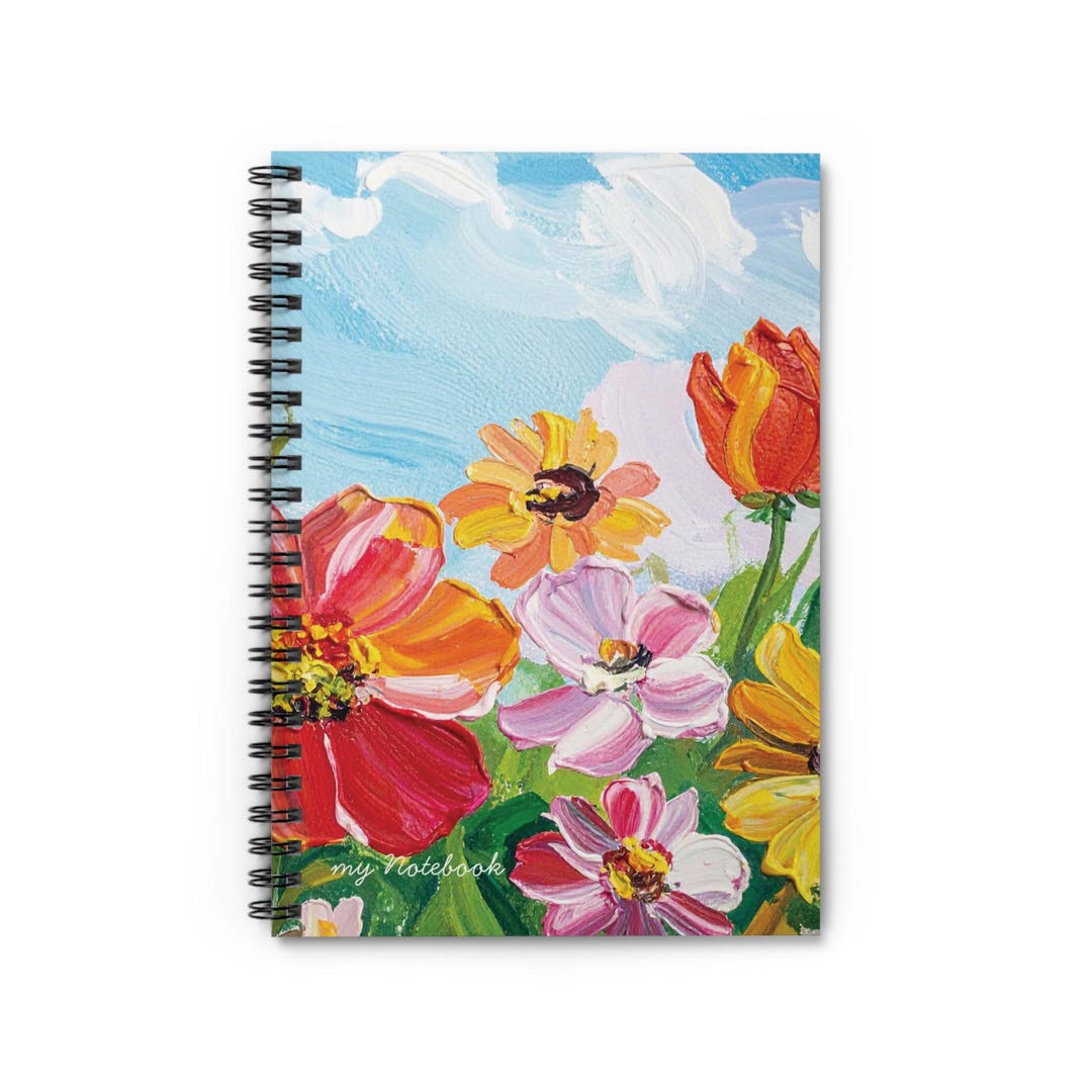 Hand-painted Floral Notebook | Sky Blue Impasto Flowers Spiral Journal ...