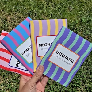 May include: Three rectangular booklets with wavy striped covers in pink, blue, yellow, and purple. Each booklet features a white rectangular label with bold black text reading Antenatal Episodes of Care, Neonatal Episodes of Care, and Intrapartum Episodes of Care.