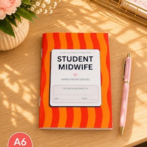 May include: An A6 size student midwife placement companion notebook with a vibrant orange and red wavy striped cover. The white central label features the text "STUDENT MIDWIFE," "YOUR PLACEMENT COMPANION," "eMORA PROFICIENCIES," and fields for name, university, and year.