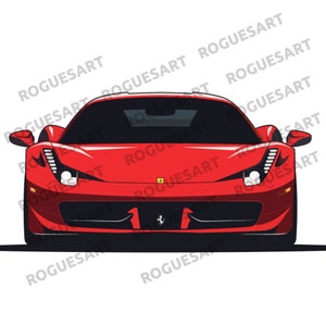 Può includere: Illustrazione di un'auto sportiva Ferrari rossa, vista frontalmente. L'auto presenta dettagli neri, fari e l'emblema Ferrari. Lo sfondo presenta il testo "ROGUESART" ripetuto.