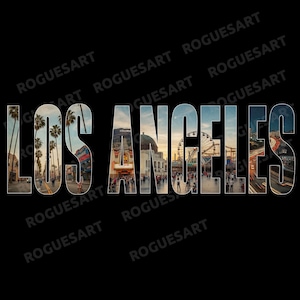 May include: The word "LOS ANGELES" in white letters, each filled with images of the city's landmarks, including palm trees, the Hollywood sign, and a Ferris wheel, set against a black background.