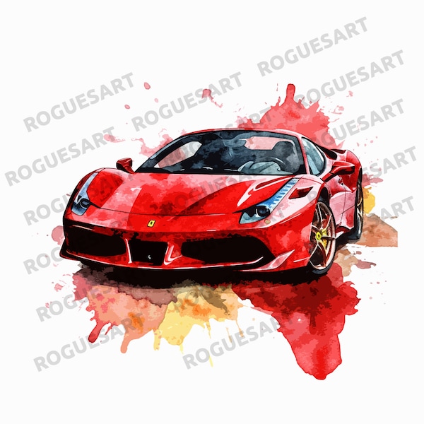 Ferrari Watercolor Clipart, Digital Download PNG, Printable, Sublimation, Transparent