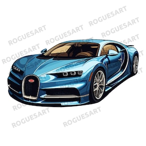 Könnte beinhalten: Illustration eines blauen Sportwagens mit einem stromlinienförmigen Design. Das Auto hat ein niedriges Profil, aerodynamische Linien und einen markanten Frontgrill. Das Bugatti-Logo ist sichtbar. Die Karosserie ist leuchtend blau, mit silbernen Rädern und getönten Scheiben.