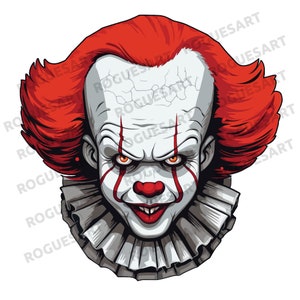 May include: A close-up of a cartoon clown's face with red hair, a white collar, and a red nose. The clown has a sinister expression with red and white stripes painted on its cheeks.