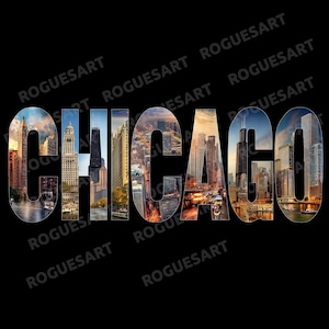 Op de afbeelding: Het woord "CHICAGO" in grote, vette letters, elk gevuld met een andere afbeelding van de skyline van de stad. De achtergrond is zwart. De afbeeldingen in de letters tonen verschillende gebouwen en stadsgezichten.