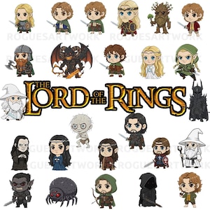 Puede incluir: Una colección de ilustraciones coloridas de estilo chibi de personajes de "El Señor de los Anillos". Los personajes incluyen elfos, hobbits, magos y otras figuras de la serie de fantasía, con el texto del título en oro.