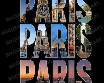 Paris PNG Word Art, JPG, Digital Download, City Skyline Letters, Printable, Sublimation, Transparent, Clipart, City Sticker, France City