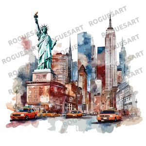 New York Watercolor Clipart, Digital Download PNG, Printable, Sublimation, Transparent, City