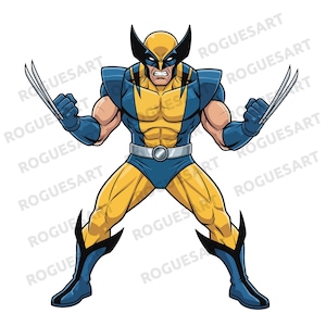 May include: Illustration of Wolverine, a superhero in a blue and yellow costume, with claws extended. The character has a stern expression and is in a dynamic pose. The image includes the text "ROGUESART" in the background.