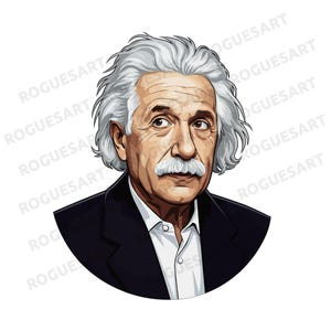 May include: Illustration of Albert Einstein in a black suit and white shirt, with a white mustache and hair. The image is a portrait with a white background and the text "ROGUESART" repeated around the image.