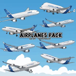 May include: A collection of eight Airbus airplane illustrations against a light blue sky background. The airplanes are white with blue accents and feature various models, including A380, A321, and A330. Text reads "AIRPLANES PACK".