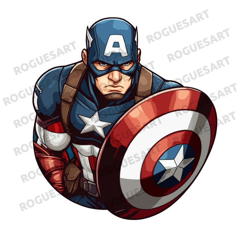以下が含まれることがあります： キャプテン・アメリカのデジタルイラスト。スーパーヒーローが盾を持っています。青と赤のコスチュームを着た、胸と盾に白い星を持つ、厳しい表情のキャラクターが描かれています。「ROGUESART」の文字が繰り返されています。