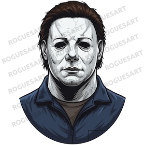 Könnte beinhalten: Illustration einer Figur mit blassem Gesicht, schwarzen Augenhöhlen und braunem Haar. Die Figur trägt ein dunkelblaues Hemd mit einem braunen Unterhemd. Das Bild hat einen weißen Hintergrund und der Text "ROGUESART" wiederholt sich um das Bild.