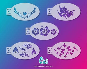 Paquete de plantillas de pintura facial premium - Juego de 5 de Cici Stencils - Plantillas reutilizables para pintura facial, plantillas de pintura facial con aerógrafo