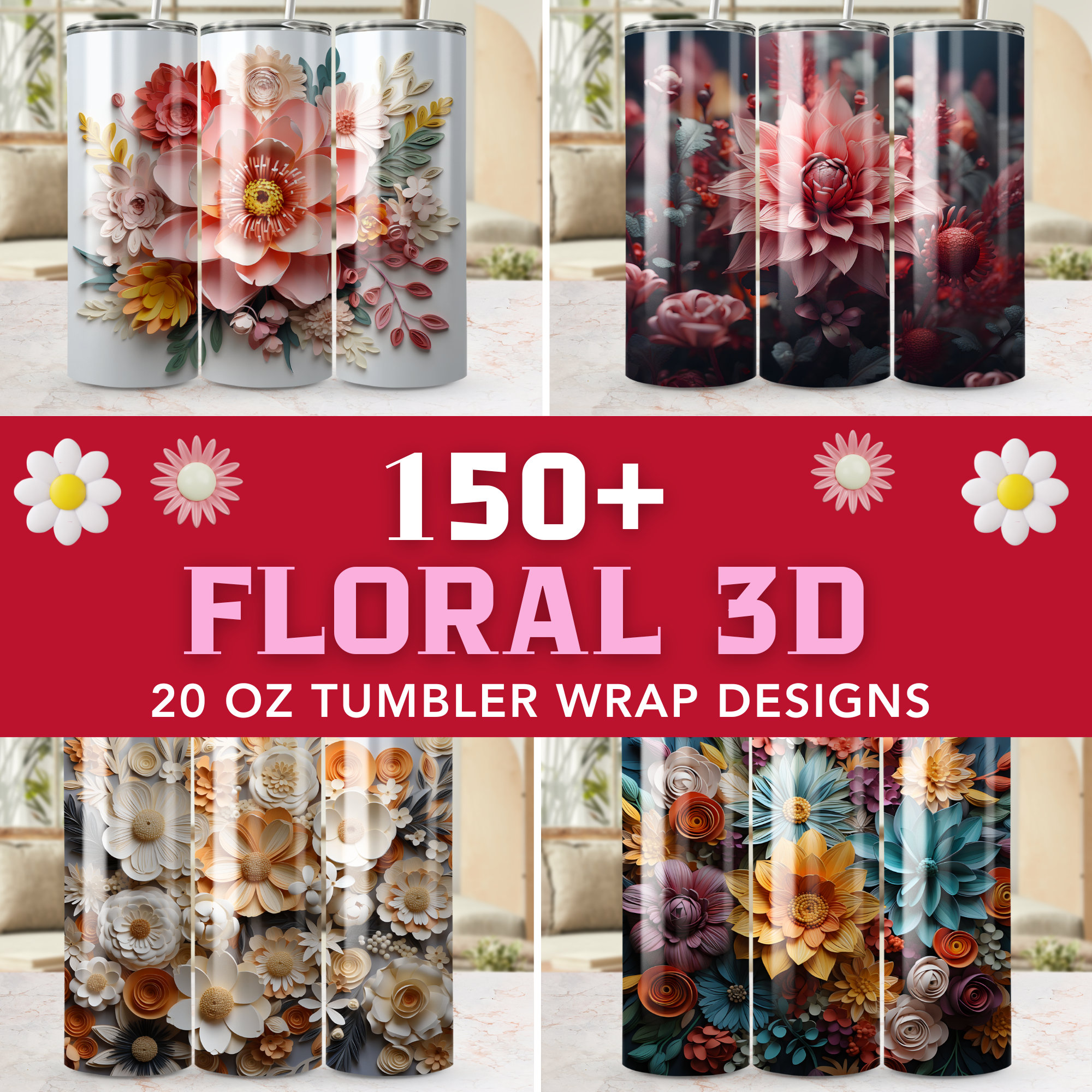 3D Flowers / Blue Background Tumbler – Celebremos ATM LLC