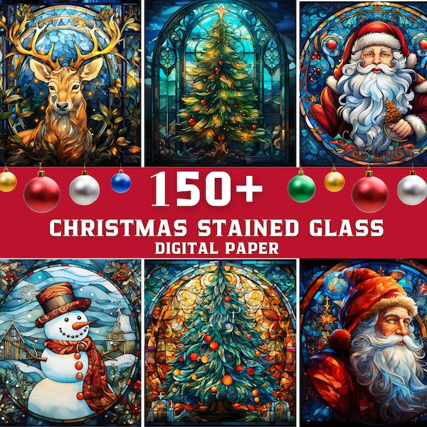 150+ Glasmalerei-Weihnachtsbündel PNG, Weihnachtshintergrund, digitales Papier, Weihnachtsglasmalerei-Hintergründe
