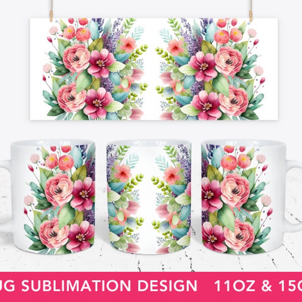 Watercolor Wild Flowers Mug, Flower Print Mug Design, Floral Sublimation Wrap, 11 & 15 Oz Mug Cricut Press Sublimation Wrap, mug png