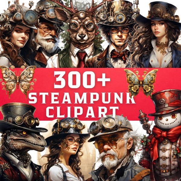 300+ png Steampunk Clipart Bundle, Steampunk Animal Bundle, Steampunk butterfly clipart, Steampunk Christmas Clipart, Steampunk Men,Dinosaur