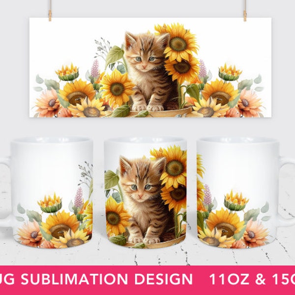 Cat Mug PNG, Sublimation Mug Design, Kitten Sublimation, flower cat mug wrap,  11 & 15 Oz Mug Cricut Press Sublimation Wrap, mug png