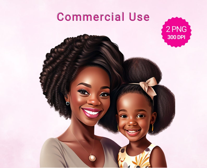 Mom Clipart, Little Black Girland Black Mom PNG Clipart Bundle, Black