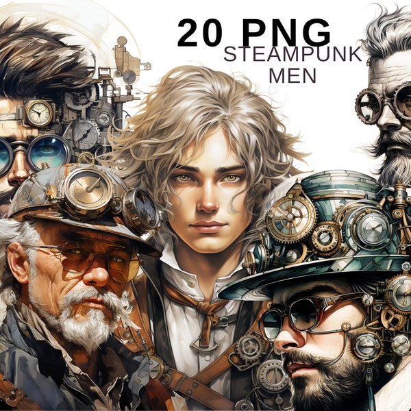 Steampunk Men Clipart, Steampunk PNG, Watercolor Portrait Steampunk Clipart, Clipart Bundle,Instant Digital Download