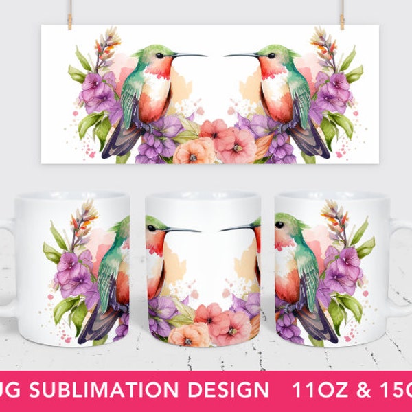 Watercolor Hummingbirds Mug Template, Tropical bird mug, Sublimation Mug Design, 11 & 15 Oz Mug Cricut Press Sublimation Wrap, mug png