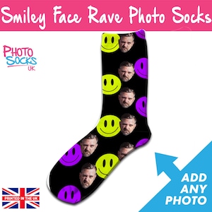 Personalised Smiley Face Rave Photo Socks Add Any Photo Great Funny Gift Lovingly Printed in The UK