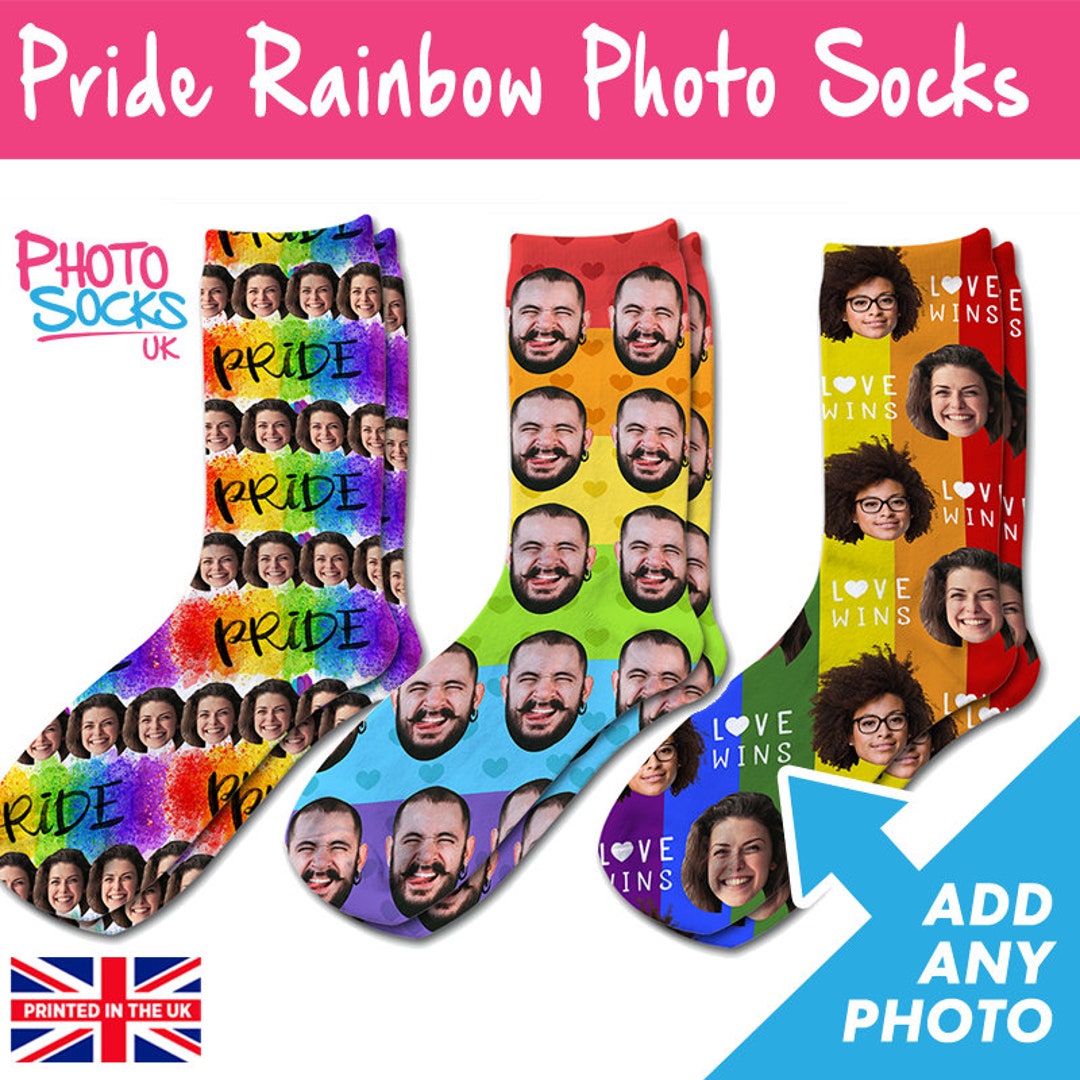 Personalised Rainbow Photo Socks - LGBTQ+ Pride Novelty Gift, Add Your Photos | Mid-Calf Crew Socks, UK Made