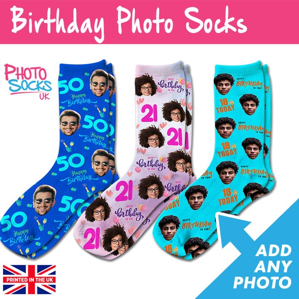 Personalised Birthday & Age Photo Socks Great Birthday Gift Add Any Photo And Age Lovingly Printed in The UK