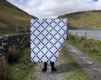 Irish Chain Quilt; Handmade- Green and White Throw Blanket