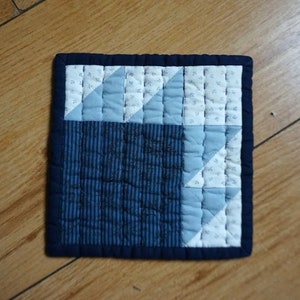 Bear Claw Potholder; Handmade, Hand Quilted - Blue Stripe, Light Blue, and White Ditsy