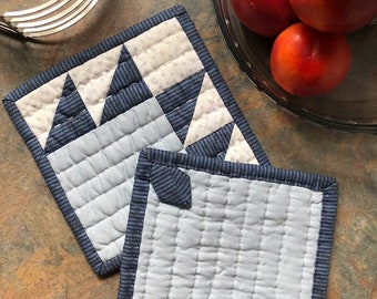 Bear Claw Potholder; Handmade, Hand Quilted - Light Blue, Blue Stripe, and White Ditsy