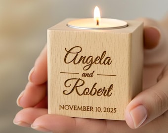 Engraved Candles Wedding Favors – Custom Wooden Candle Holders for Guests, Wedding Party Favors