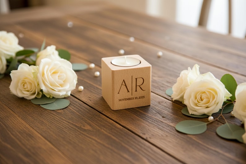 May include: A wooden candle holder with initials "AR" and the date "November 10, 2025" engraved on the front. The candle holder is surrounded by white roses, green leaves, and scattered pearls on a wooden table.