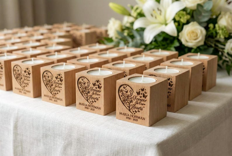 May include: Wooden candle holders with a heart and butterfly design, each holding a white candle. The text "Forever in Our Hearts" and a name and dates are engraved on the front. A floral arrangement is in the background.