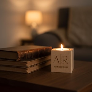 May include: A lit candle in a wooden cube with engraved initials and date, next to a stack of old books on a dark wooden table. The candle's flame glows warmly, creating a cozy ambiance. The background is blurred, suggesting a room setting.
