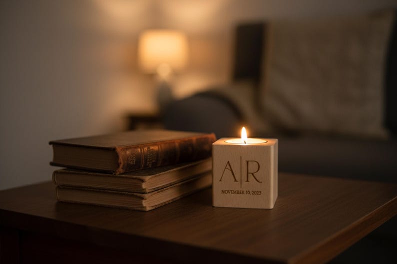 May include: A lit candle in a wooden cube with engraved initials and date, next to a stack of old books on a dark wooden table. The candle's flame glows warmly, creating a cozy ambiance. The background is blurred, suggesting a room setting.