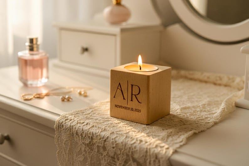 May include: A lit candle in a wooden block with the initials "AR" and the date "November 10, 2025" engraved on the front. The candle sits on a white surface with a lace runner, next to perfume and jewelry.