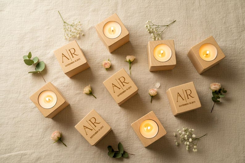 May include: Wooden candle holders with lit candles, arranged on a neutral surface. Each holder is engraved with the initials "AR" and the date "November 18, 2023". The scene is decorated with small flowers and greenery.