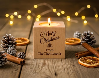 Christmas Candle Favors, Custom Coworker Favors in Bulk, Holiday Thank You Gift, Rustic Holiday Favor, Engraved Tealight Holder, Xmas Gifts
