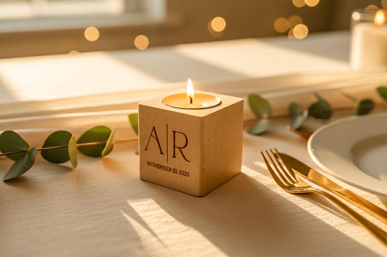 May include: A lit candle in a wooden block with the initials "AR" and the date "November 10, 2025" engraved on the front. The candle sits on a table with gold silverware, a white plate, and greenery.