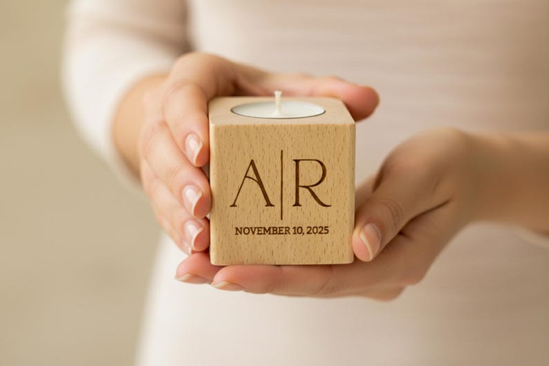May include: A square wooden candle holder with a lit white candle. The holder is engraved with the initials "AR" and the date "NOVEMBER 10, 2025". The candle holder is held in two hands.