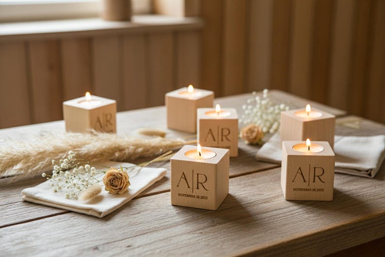 May include: Wooden cube candle holders with lit candles, engraved with initials and a date. The holders are arranged on a wooden table with dried flowers and a white napkin, creating a warm, rustic ambiance.