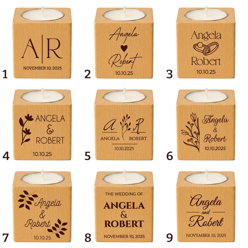 May include: A collection of nine wooden tea light candle holders. Each cube-shaped holder has a carved design and a space for a tea light candle. The designs include initials, names, dates, and floral elements, suitable for weddings or special events.