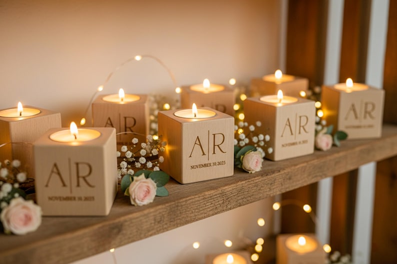 May include: Wooden cube candle holders with lit candles, personalized with initials and a date. The holders are arranged on a wooden shelf, decorated with flowers and fairy lights, creating a warm, inviting ambiance.