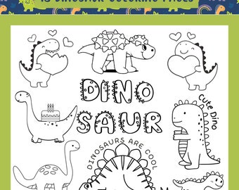Pagine da colorare di dinosauri, 18 fogli a colori carini, pagine da colorare stampabili per ragazze e ragazzi, festa di compleanno a tema dinosauri, download istantaneo