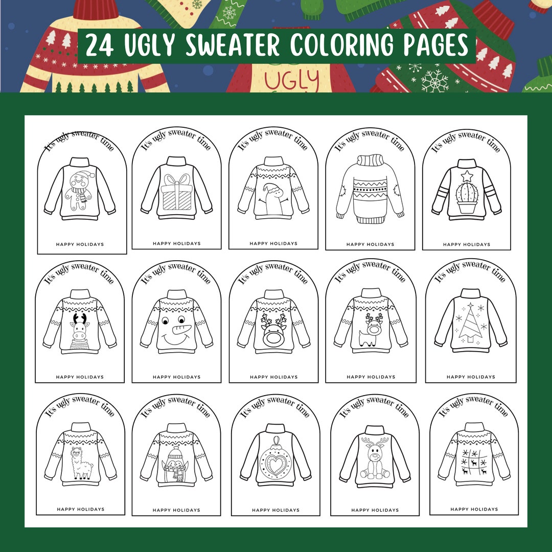 Ugly Sweater Christmas Colouring Sheets, 24 Cute Coloring Pages for ...