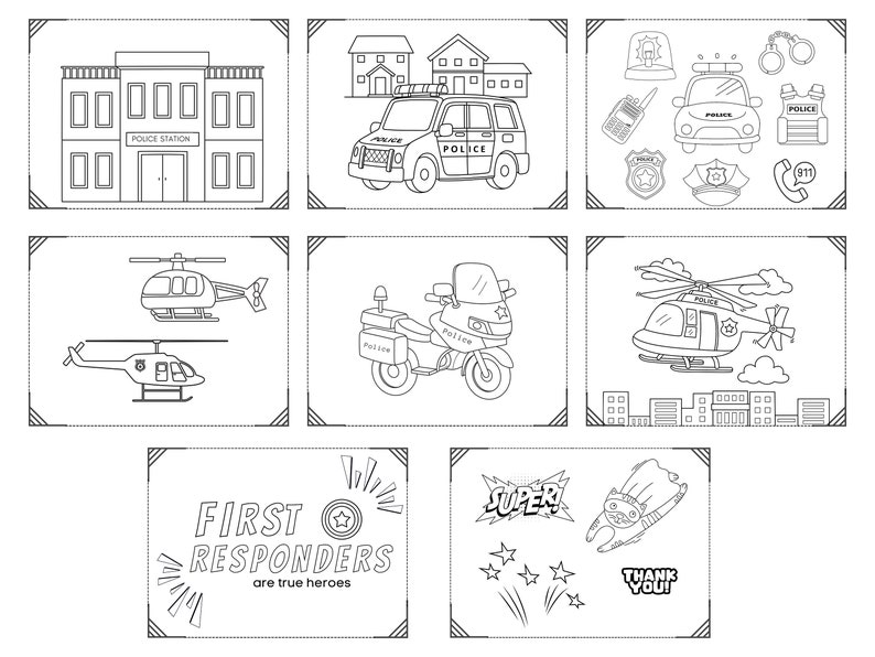 First Responder Coloring Pages Set, Police Car, Ambulance, Fire Truck