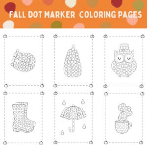May include: Six black and white colouring pages featuring autumn-themed images, such as a sleeping fox, a rain boot, an umbrella, a cup of hot chocolate, a pumpkin, and an owl. Each image is made up of circles that can be coloured in with dot markers.