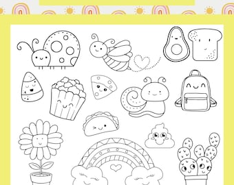 24 Kawaii Coloring Pages, Cute Kids Art Activity (Instant Download)